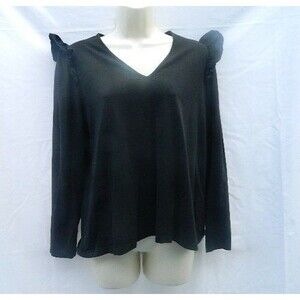 Chicos Black Top V Neck w/Ruffles on Shoulders Chicos Size 2 Long Sleeve
